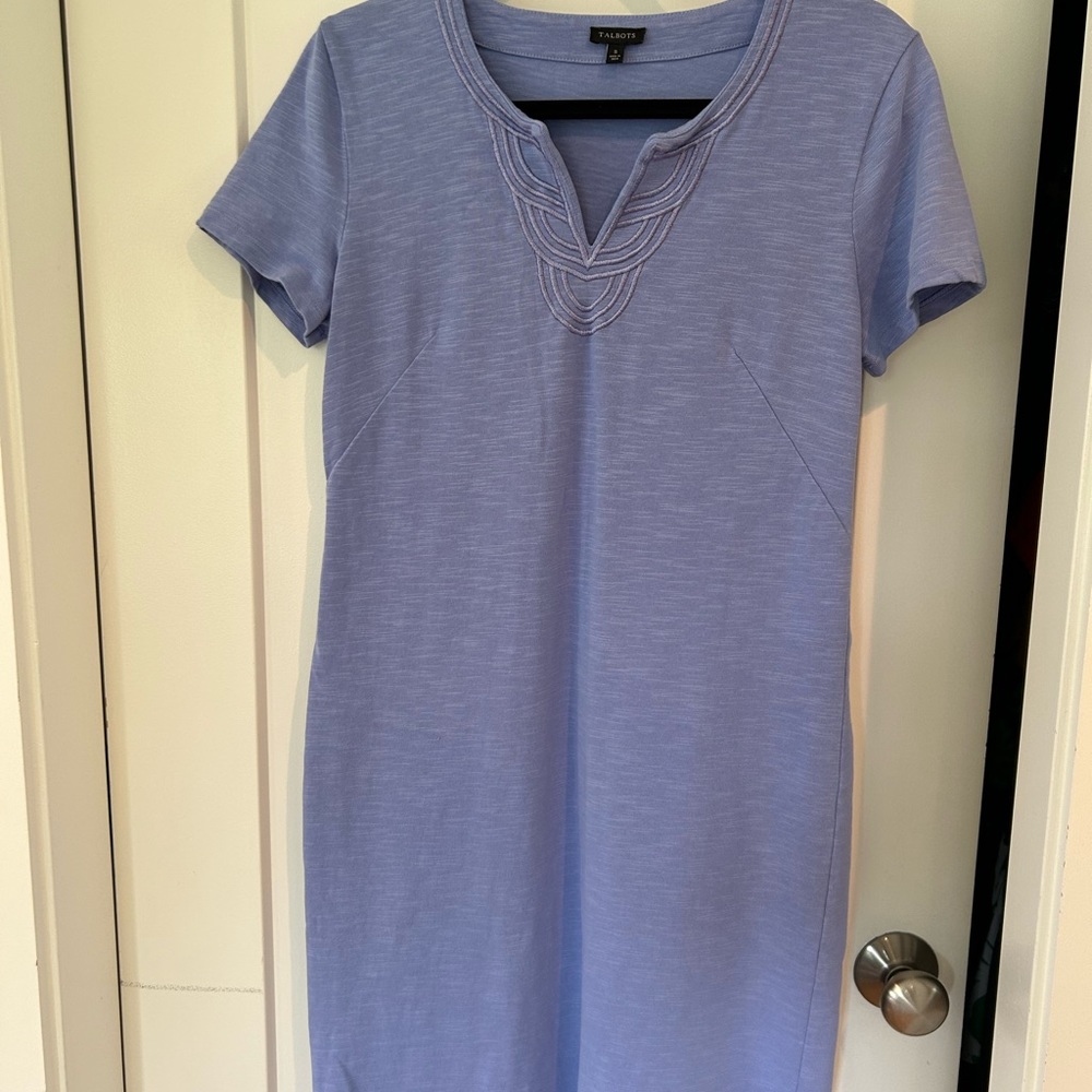 Talbots periwinkle color midi dress with pretty neckline.